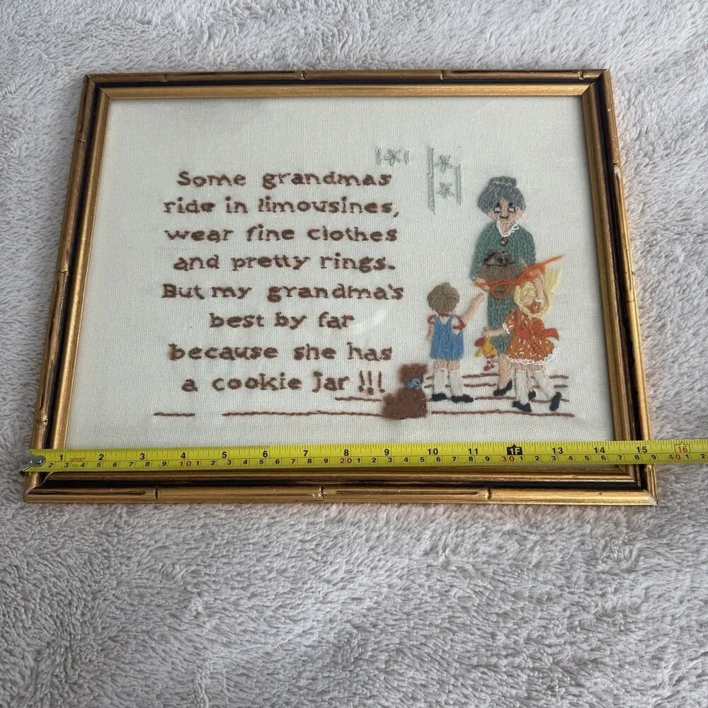 1970’s Cross Stitch Framed Grandma's Cookie Jar Embroidered Needlework Wall Art
